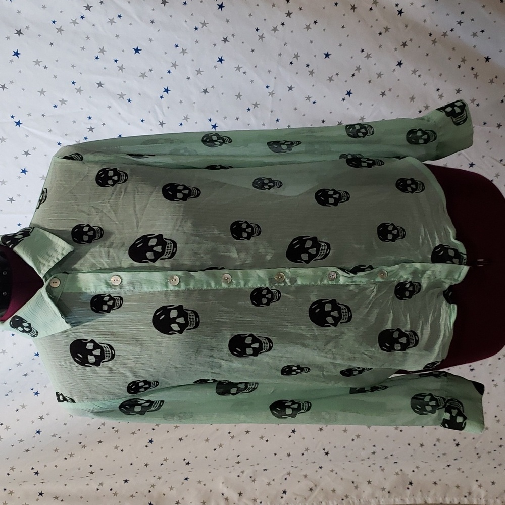 about a girl los angeles Mint Green Blouse with Black Skulls